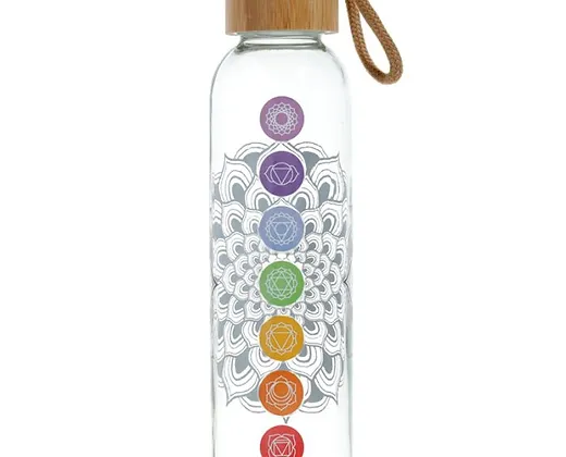 Botella de Cristal Reutilizable con Tapón de Bambú - Chakras - 500ml