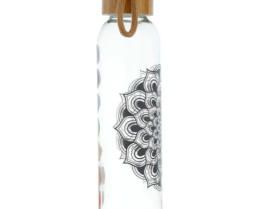 Botella de Cristal Reutilizable con Tapón de Bambú - Chakras - 500ml